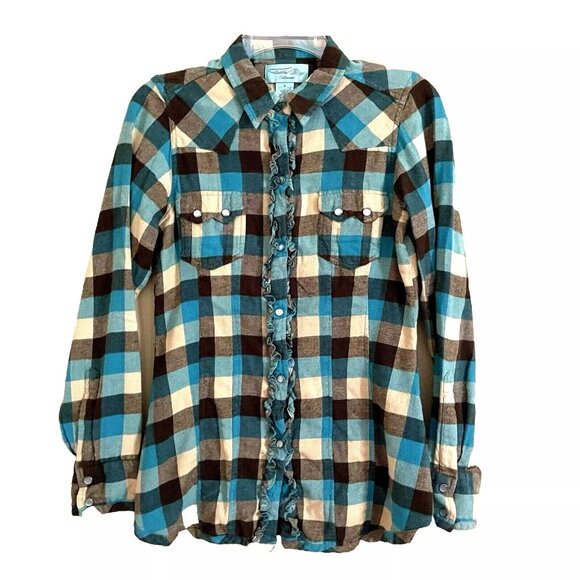 Tasha Polizzi Plaid Flannel Pearl Snap Button Western Shirt Ruffle Small Casual - Picture 1 of 9
